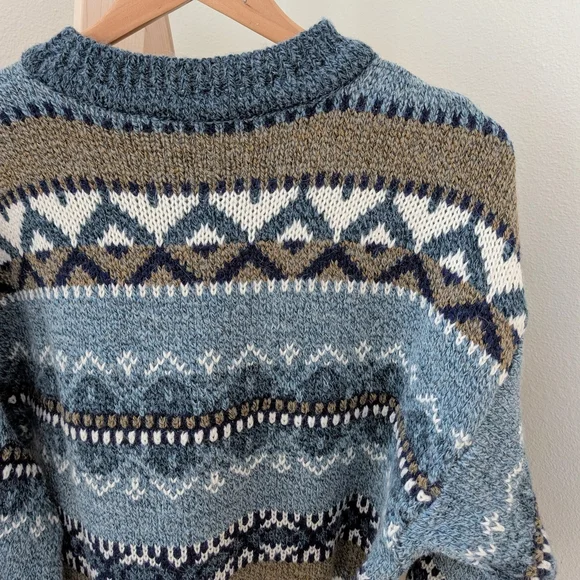 Vintage Abstract Geometric Chunky Textured Crewneck Sweater In Sky Blue/Tan - Picture 8 of 8